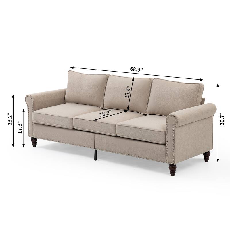 3 Seat Breathable Linen Couche 70" Tufted Back Sectional Sofa Recliner